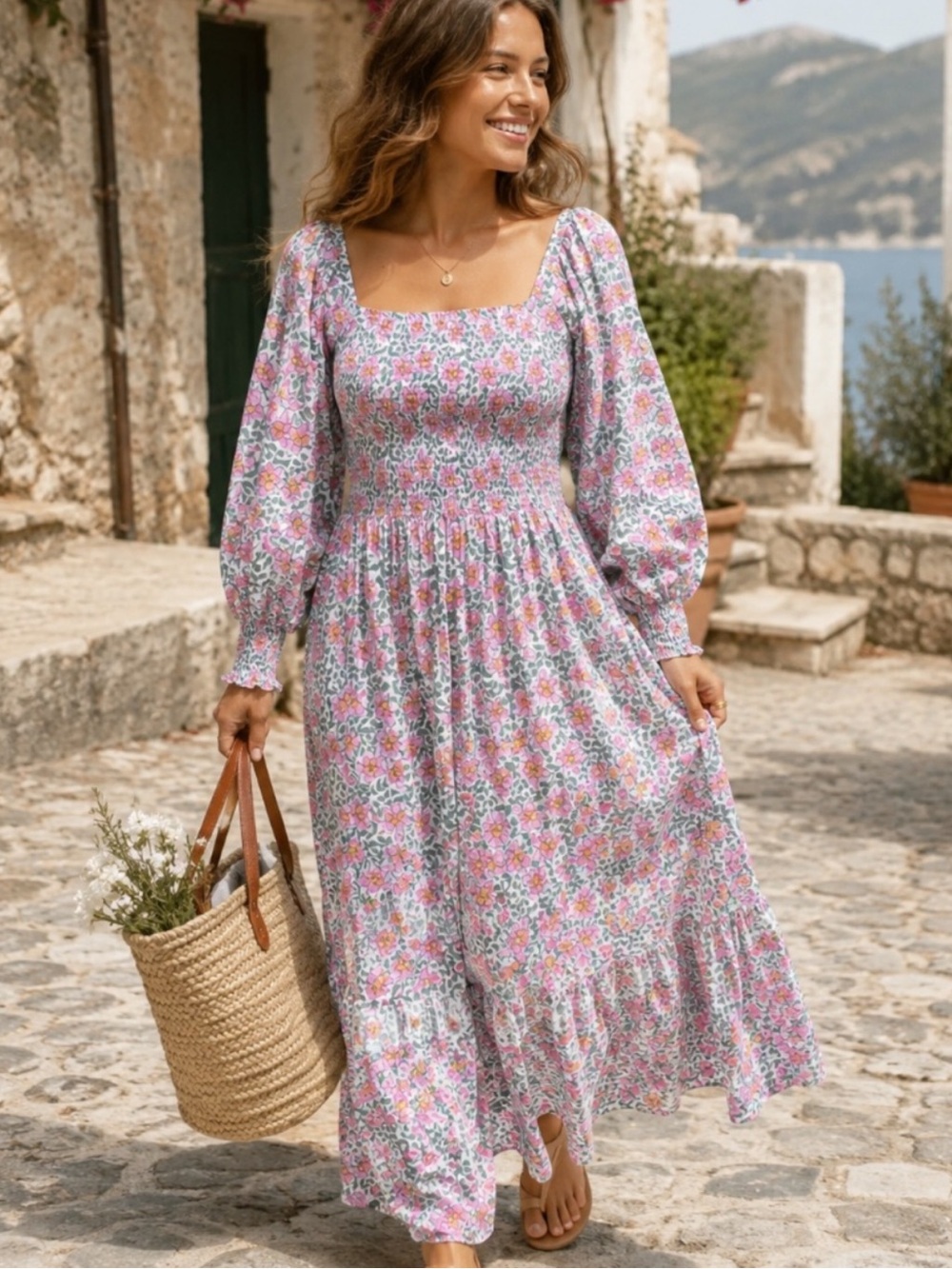 Oliphant Smocked Floral Maxi Dress Tiered Puff Sleeve Cottagecore